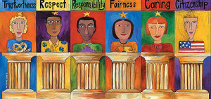 Drawing of Six People on Six Pillars With The Text Trustworthiness, Respect, Responsibility, Fairness, Caring, Citizenship