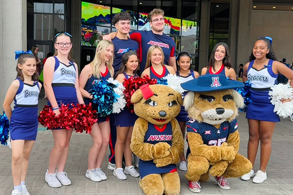 Bonillas cheerleaders with UofA cheerleaders and Wilbur and Wilma
