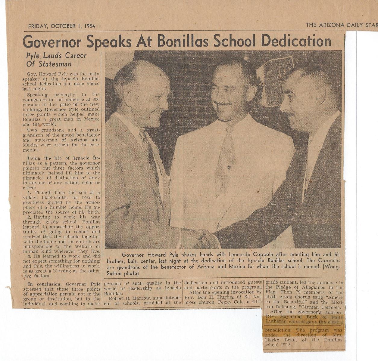 Newspaper from 1954 With The Text Governor Speaks At Bonillas School Dedication